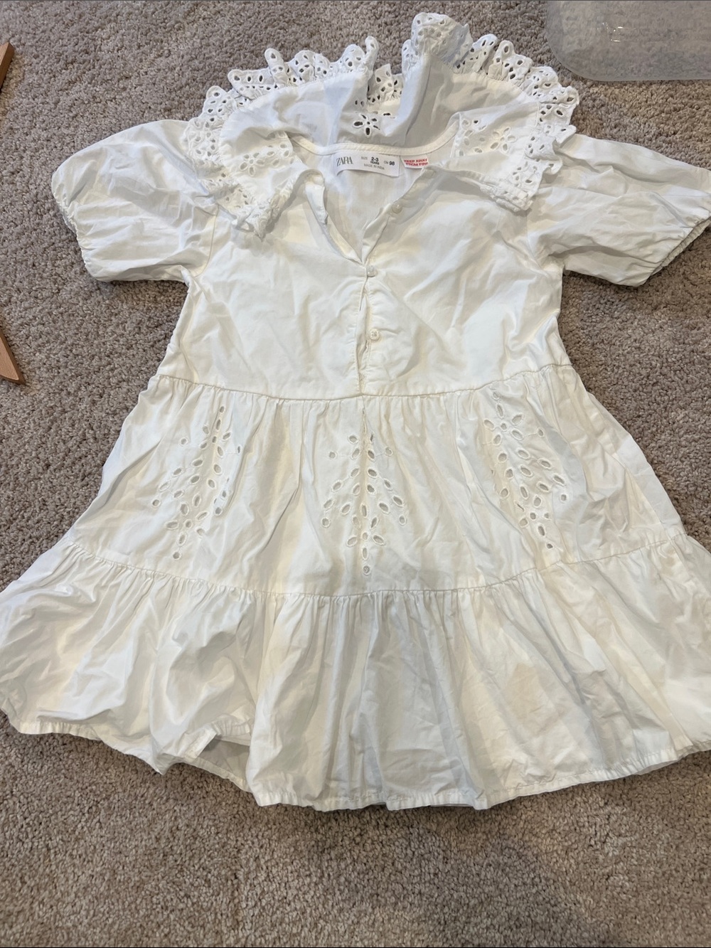 Zara White Eyelet Tiered Cotton Dress for Girls